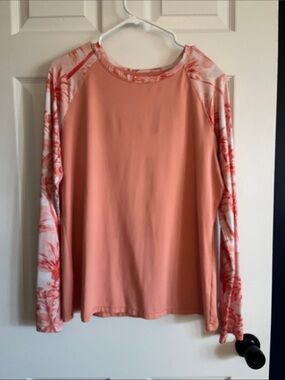 Reel Legends Coral Pink Long-Sleeve Raglan Tee with Printed Sleeves